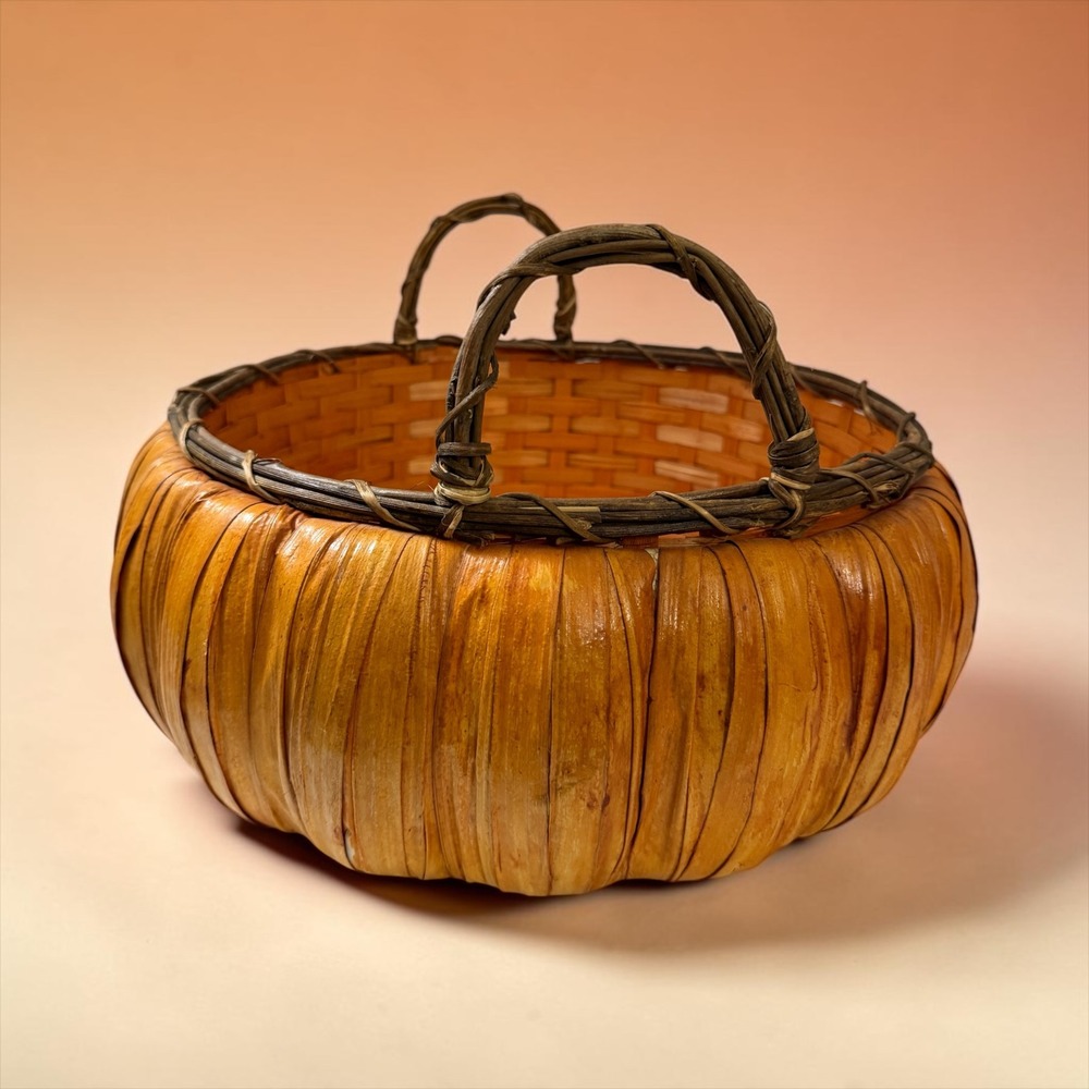 14" Round Woven Splint Basket Vine Rim Dual Handles Pumpkin Autumn Halloween